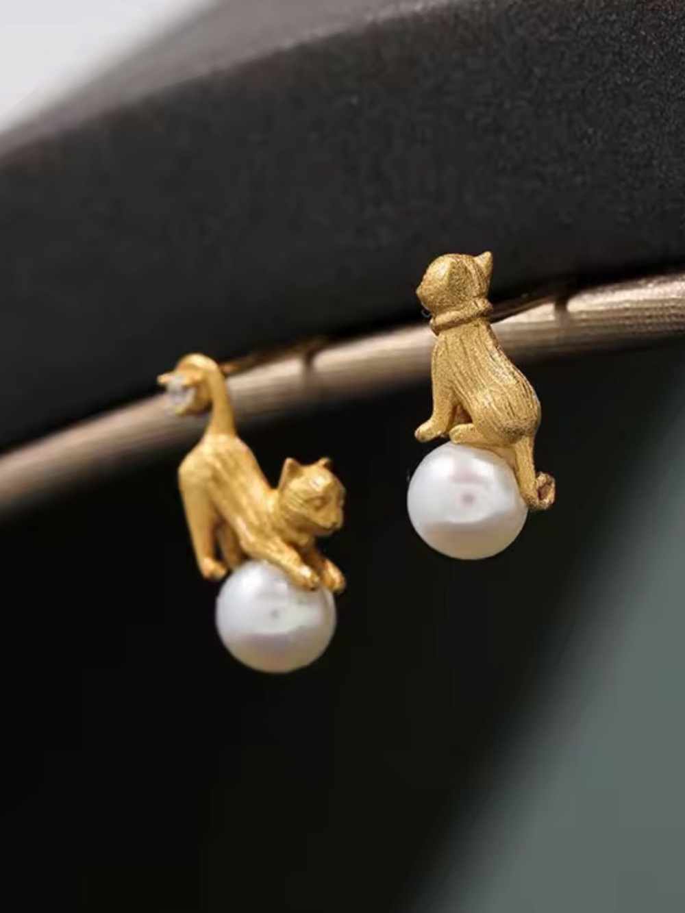 Gold Cat Pearl Drop Earrings